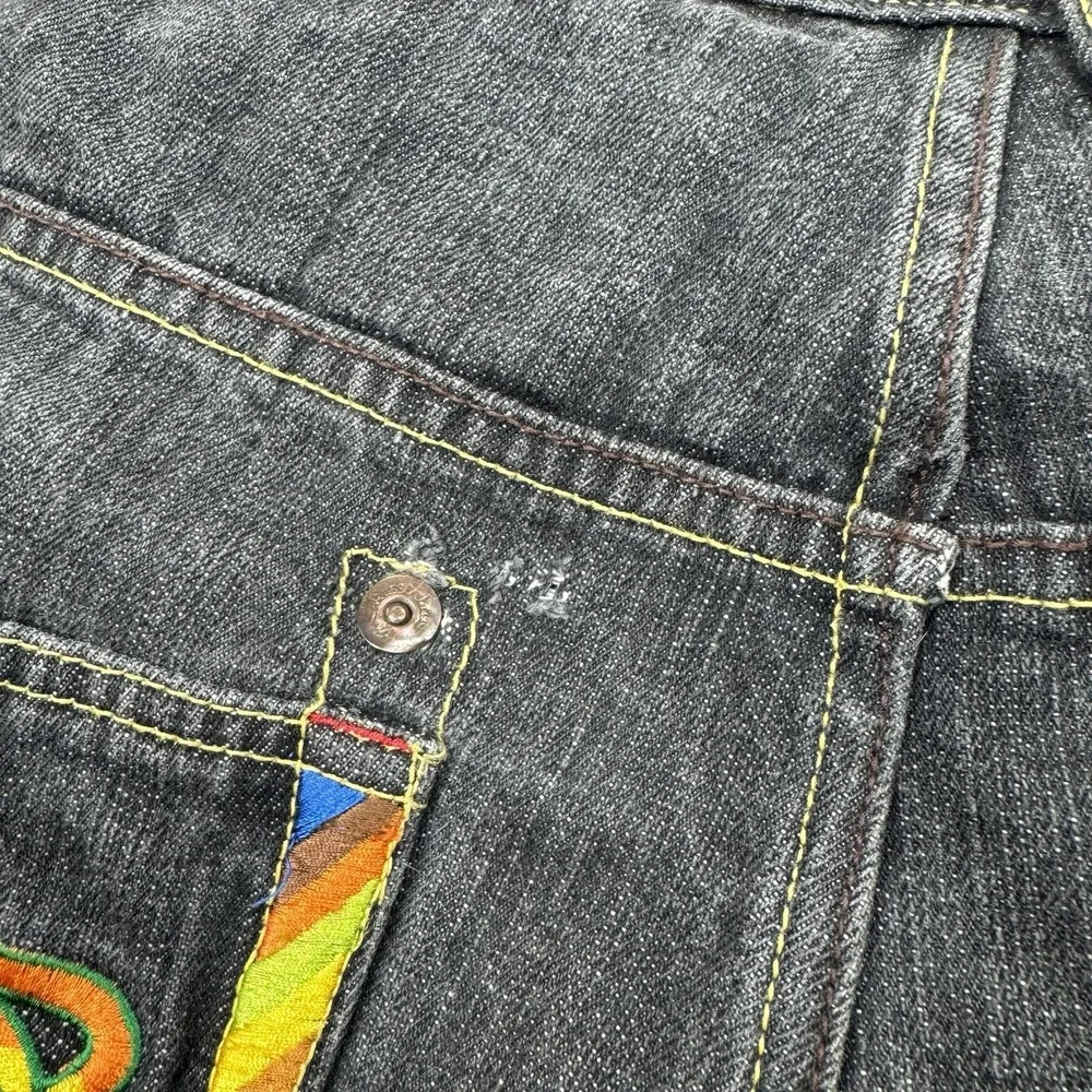 Y2K Russo Jorts Men 40(38) Black Baggy Shorts Rainbow Embroidered Drawstring Hem